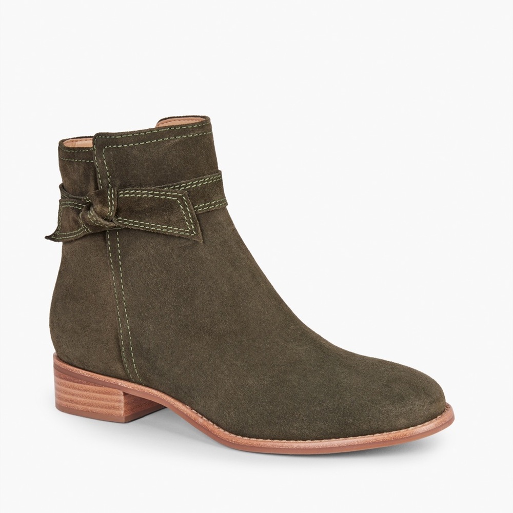 Talbots Suede Ankle Boots Olive Green Tish Bow Accent Block Heel Women Size 9M‎